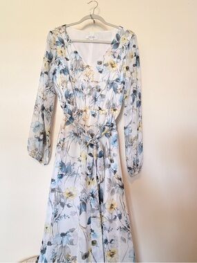 NINE WEST White Floral Wrap Maxi Dress with Blue & Yellow Blooms